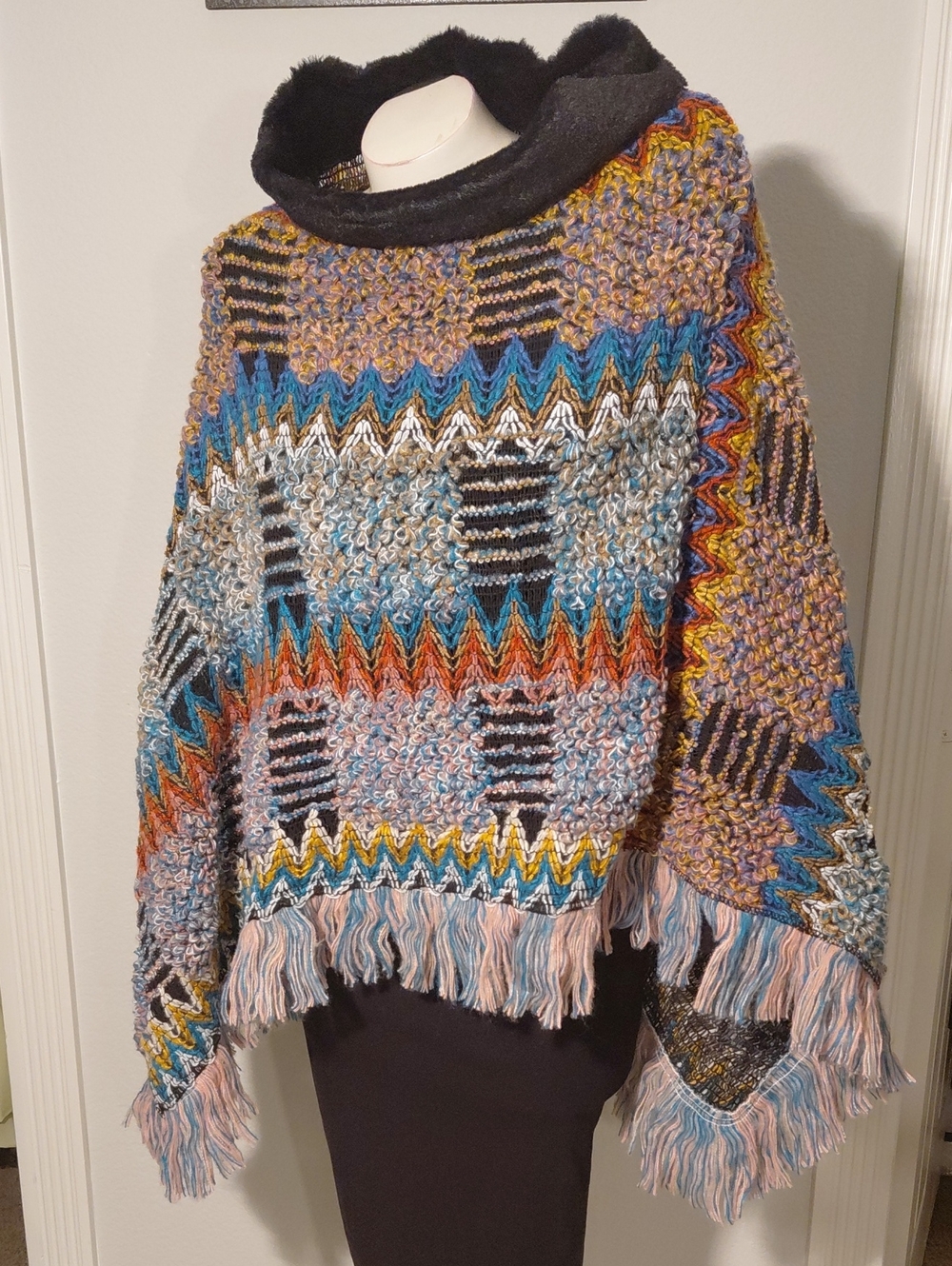 Multicolor Fringe Knit Poncho Sweater - Cozy Layering